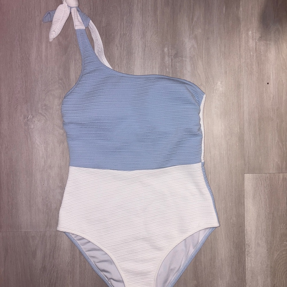 Blue and White One Piece Swimsuit with Asymmetrical Design
